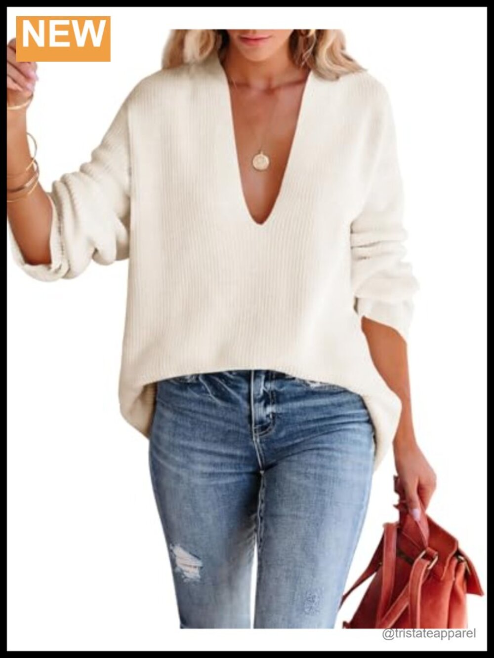 Oversized Deep V Neck Sweater Waffle Knit Long Sleeve Pullover
